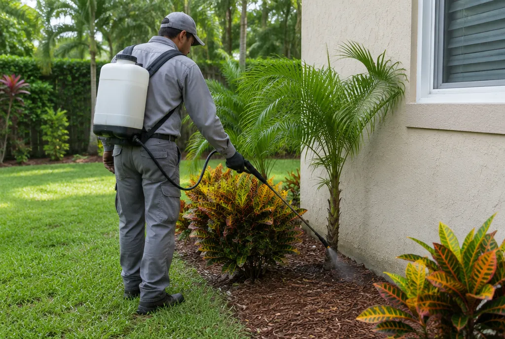 Technician treating the foundation of a cream stucco home in Miami-Dade