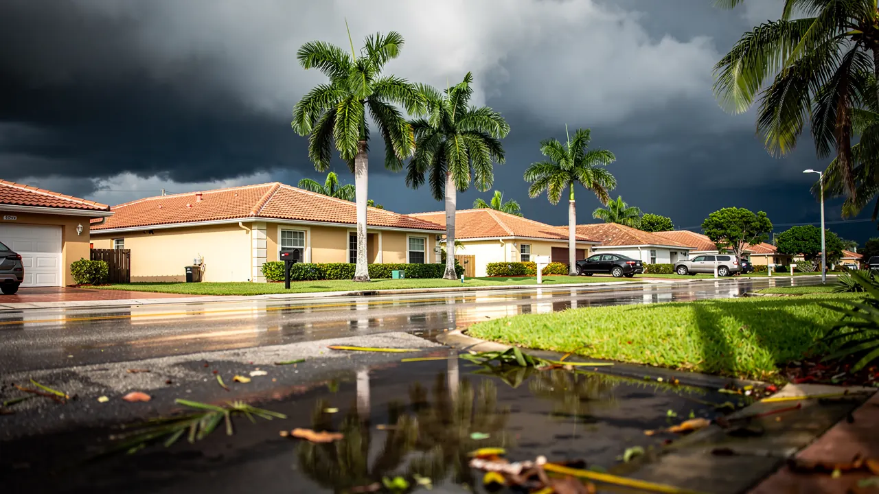Afternoon storm clouds over a Miami-Dade street as rainy pest season begins